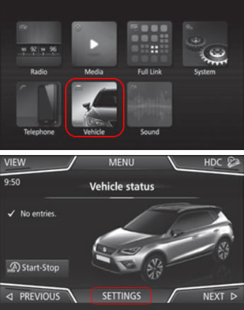 Reset the tyre pressure system on the SEAT Arona Infotainment System